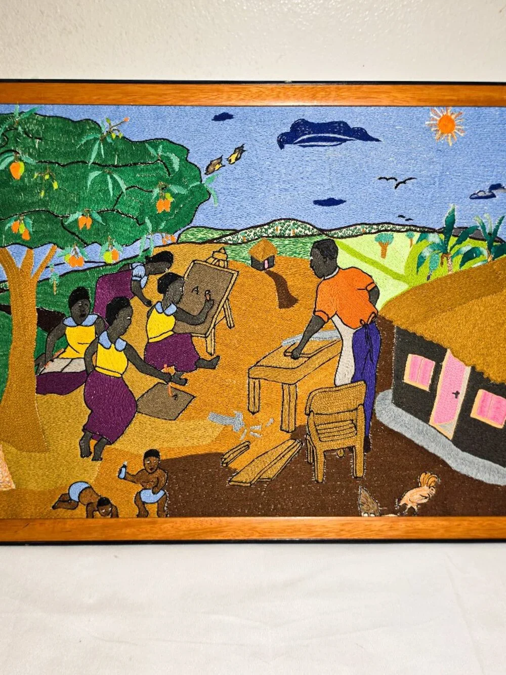 Framed Haitian School Thread Art Painting Naive-style Story included - Stamped